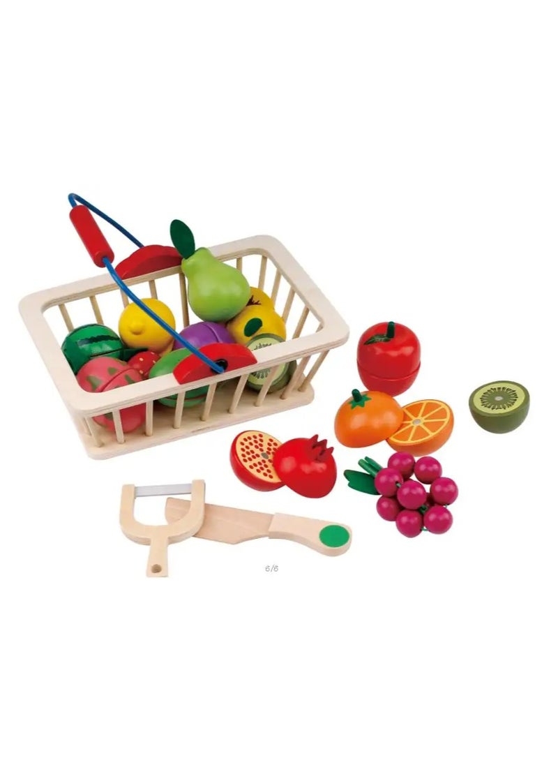 Wooden Kitchen Playhouse Toy Set – 12/14/16-Piece Pretend Play Food Set with Magnetic Cut Fruits and Vegetables, Wooden Basket Toys for Toddlers, Role-Playing Educational Kitchen Toy for Kids