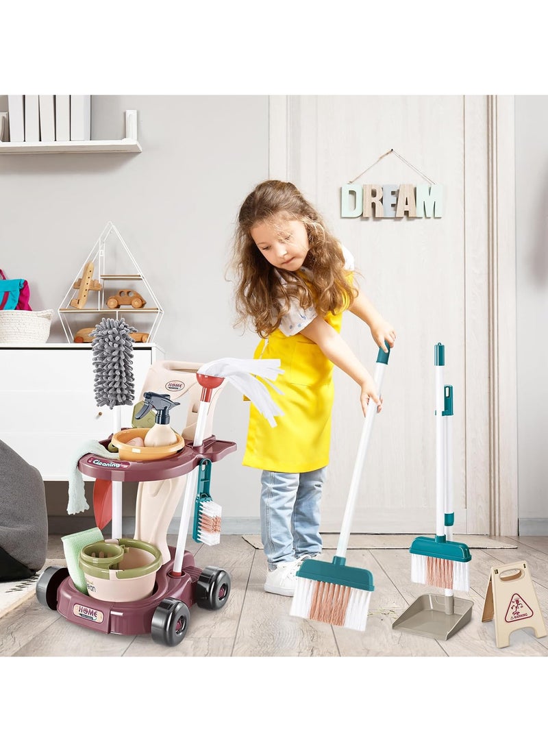 Kids Cleaning Set,Pretend Play Detachable Housekeeping Cart with Broom,Dust Pan,Spray Bottle Children House Cleaning Tools Toys,Educational Toddler Cleaning Carts