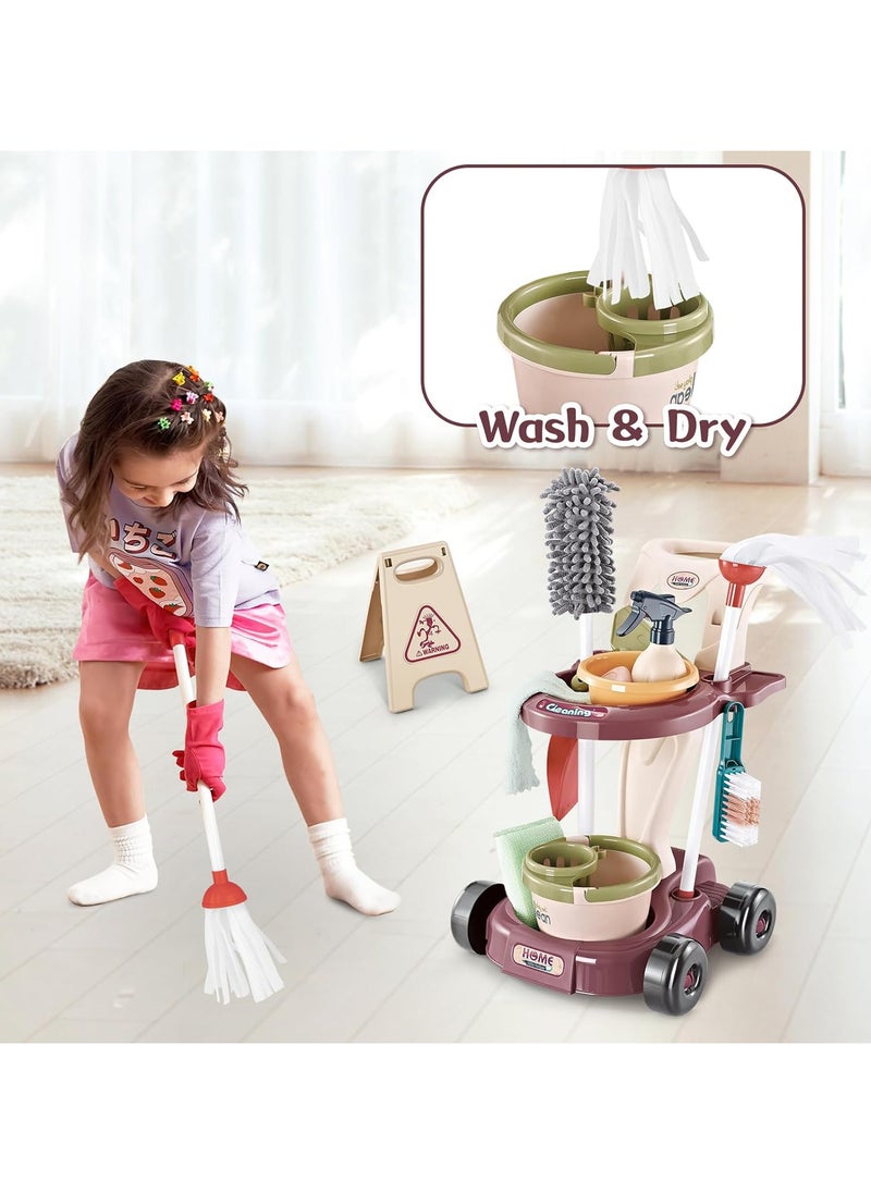 Kids Cleaning Set,Pretend Play Detachable Housekeeping Cart with Broom,Dust Pan,Spray Bottle Children House Cleaning Tools Toys,Educational Toddler Cleaning Carts