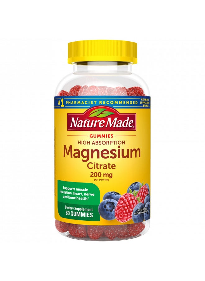 Nature Made High Absorption Magnesium Citrate 200 Mg Per Serving, Magnesium Supplement For Muscle, Nerve, Bone and Heart Support, 60 Magnesium Gummies, 30 Day Supply