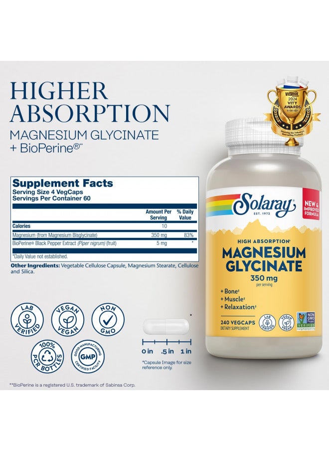 Solaray Magnesium Glycinate, New & Improved Fully Chelated Bisglycinate With Bioperine, High Absorption Formula, Stress, Bones, Muscle & Relaxation Support, 60 Day Guarantee, 60 Servings, 240 Vegcaps