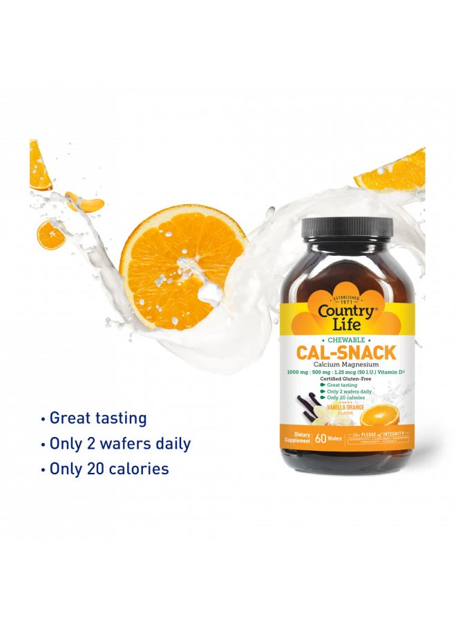 Country Life Cal Snack, Chewable Calcium, Magnesium With Vitamin D, 1000Mg/500Mg/50 Iu, Dairy Free, Vanilla Orange Flavor, 60 Wafers, Certified Gluten Free, Certified Vegan