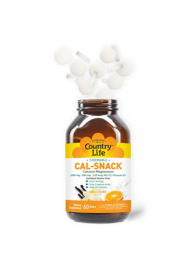 Country Life Cal Snack, Chewable Calcium, Magnesium With Vitamin D, 1000Mg/500Mg/50 Iu, Dairy Free, Vanilla Orange Flavor, 60 Wafers, Certified Gluten Free, Certified Vegan