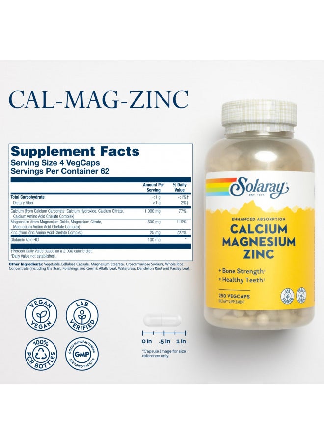 Solaray Calcium Magnesium Zinc Supplement   With Calcium 1000Mg, Magnesium 500Mg   Bone Health, Muscle Function, Heart Health and Immune Support   Vegan, 60 Day Guarantee, 62 Servings, 250 Vegcaps