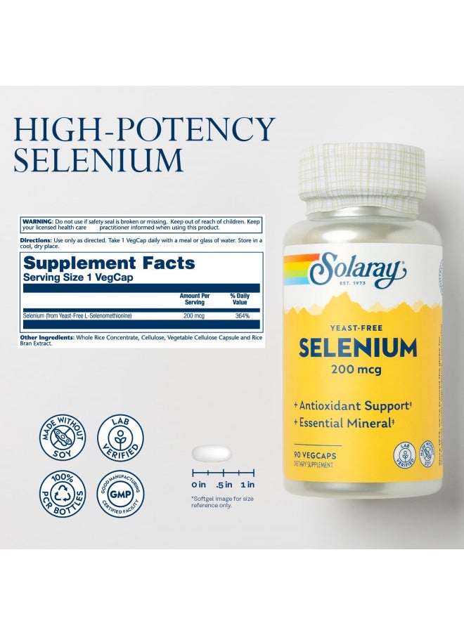 Solaray Yeast Free Selenium 200Mcg, Selenium Capsules For Healthy Thyroid Function & Immune Support, High Absorption Supplement, Vegan, 90 Servings, 90 Vegcaps