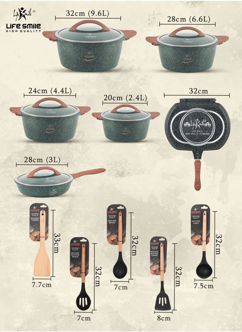 Non Stick Cookware Sets - 17Pcs Granite Cookware Set Induction Pots and Pans Set Include 20/24/28/32cm Stock Pots, 28cm Fry Pan, 32cm Double Grill Pan - Healthy 100% PFOA Free - Oven & Dishwasher Safe