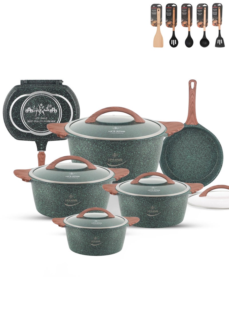 Non Stick Cookware Sets - 17Pcs Granite Cookware Set Induction Pots and Pans Set Include 20/24/28/32cm Stock Pots, 28cm Fry Pan, 32cm Double Grill Pan - Healthy 100% PFOA Free - Oven & Dishwasher Safe