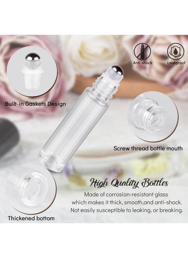 10Ml Roller Bottles For Essential Oils, 24 Pack Clear Roll On Bottles, Thick Glass Roller Bottles For Oils, With Stainless Steel Roller Balls, 2 Droppers