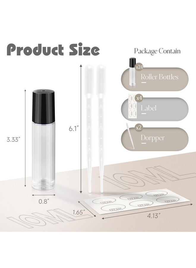 10Ml Roller Bottles For Essential Oils, 24 Pack Clear Roll On Bottles, Thick Glass Roller Bottles For Oils, With Stainless Steel Roller Balls, 2 Droppers