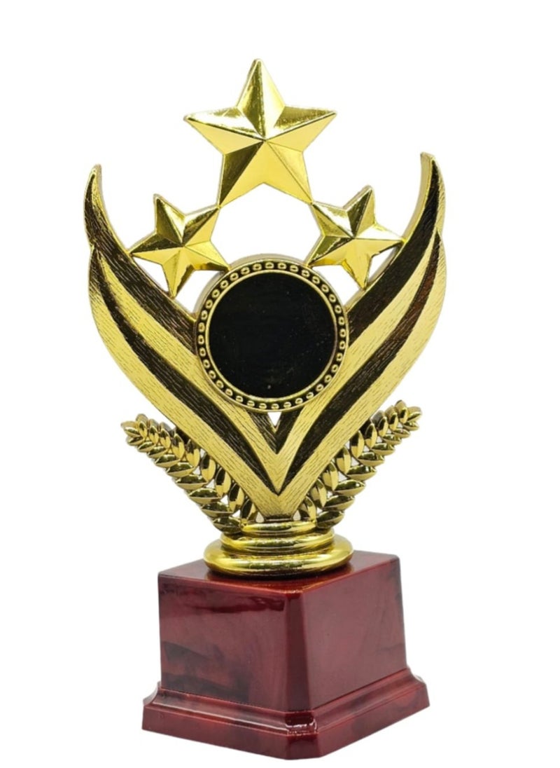 3-Star Trophy in Gold with Wooden Base – Premium Award for Excellence in Sports, Academics & Competitions