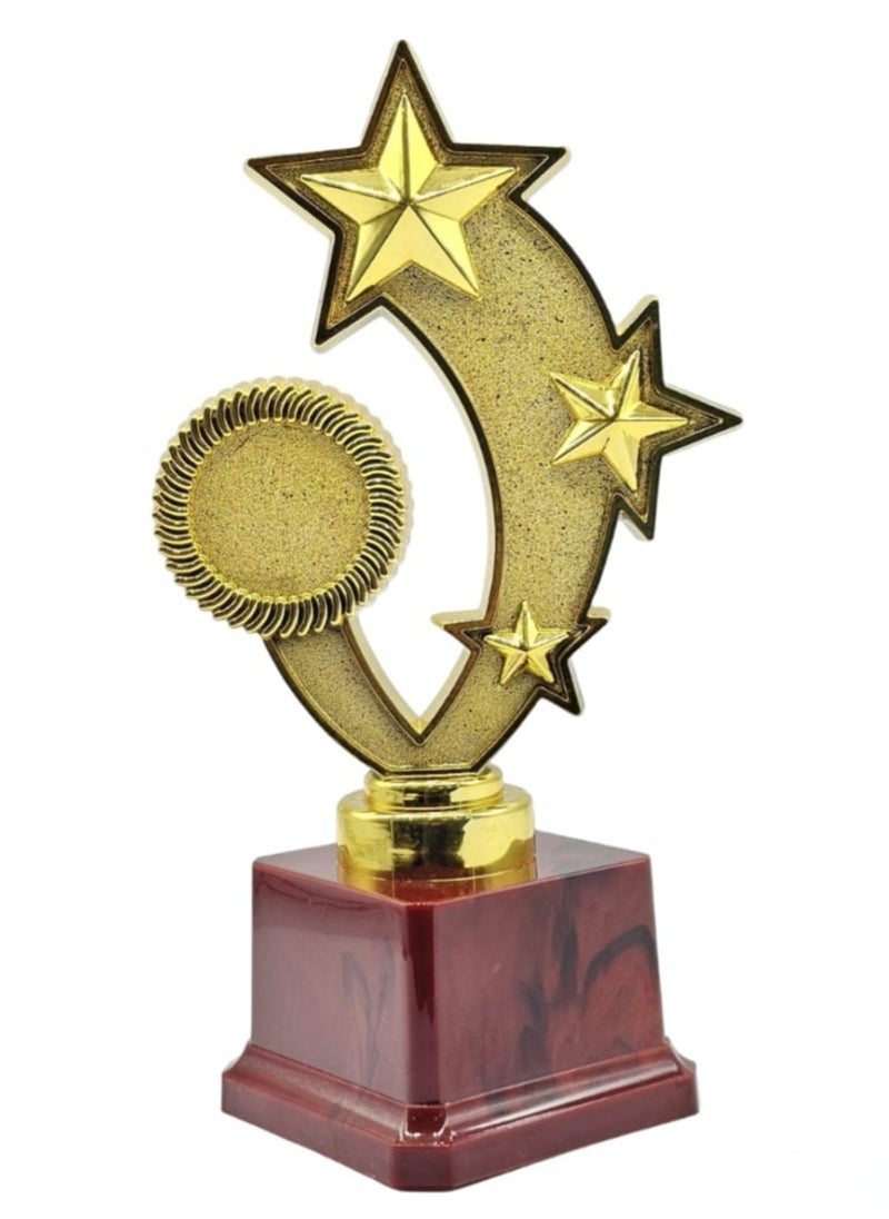 3-Star Trophy in Gold with Wooden Base – Premium Award for Excellence in Sports, Academics & Competitions