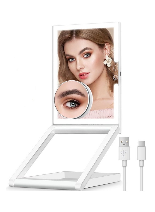 Makeup Mirror With Lights, Rechargeable Folding Makeup Vanity Mirror With 3 Colors Lighting 10X Magnification, Touch Screen Adjustable Brightness, Height And Angle Adjust Portable Travel Mirror