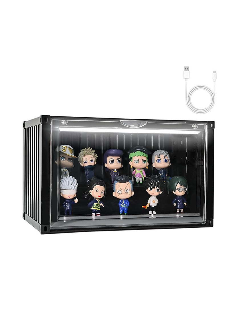 Clear Display Case for Figures with Voice-Activated Light, 2 Tier Display Stand Organizer with Magnetic Door, Dustproof Protection Showcase for Collectible Figures and Toys, 23.2*12.2*14.3cm (Black)