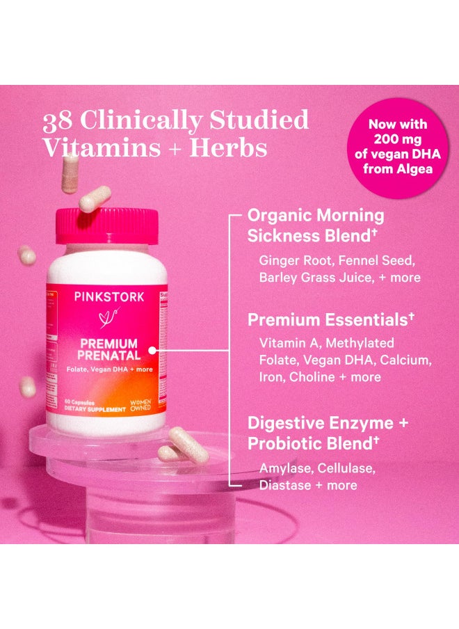 Pink Stork Premium Prenatal Vitamin For Women   Organic Whole Food Ingredients, Multivitamin & Probiotics   Morning Sickness, Digestion, & Energy   Folate, B6, & Iron   60 Capsules