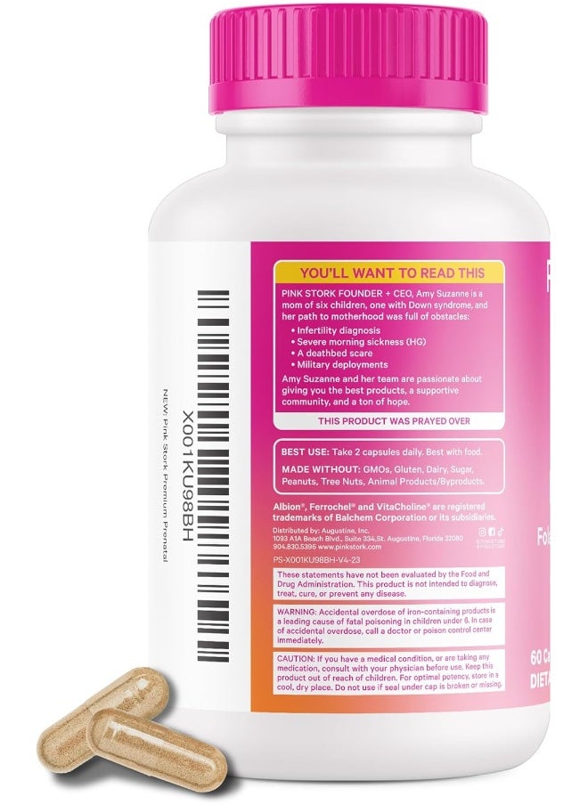 Pink Stork Premium Prenatal Vitamin For Women   Organic Whole Food Ingredients, Multivitamin & Probiotics   Morning Sickness, Digestion, & Energy   Folate, B6, & Iron   60 Capsules