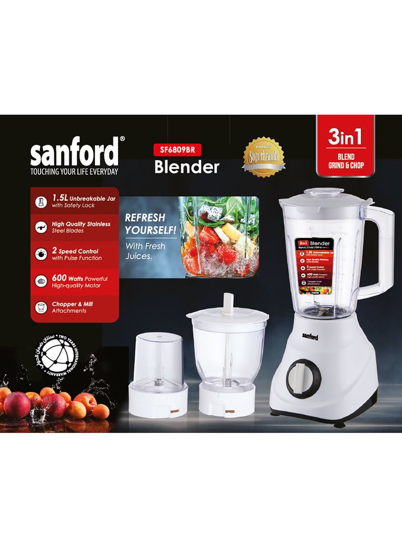 SANFORD 3 IN 1 BLENDER 600 WATTS 1.50 LITRE 1.5 L 600 W SF6809BR BS Multicolour