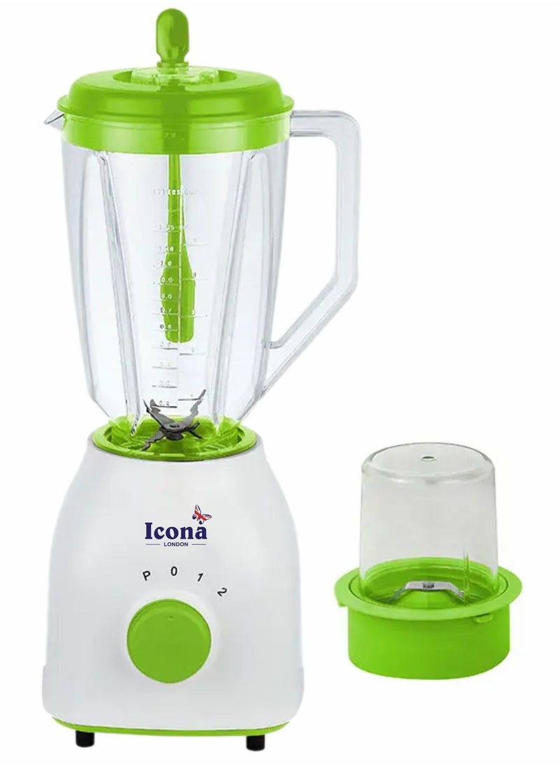 Icona 2-in-1 Unbreakable Blender – 1.5L Glass Jar, Plastic Grinder, 2 Speeds + Pulse, Stainless Steel Blades, Overheat Protection, White/Green