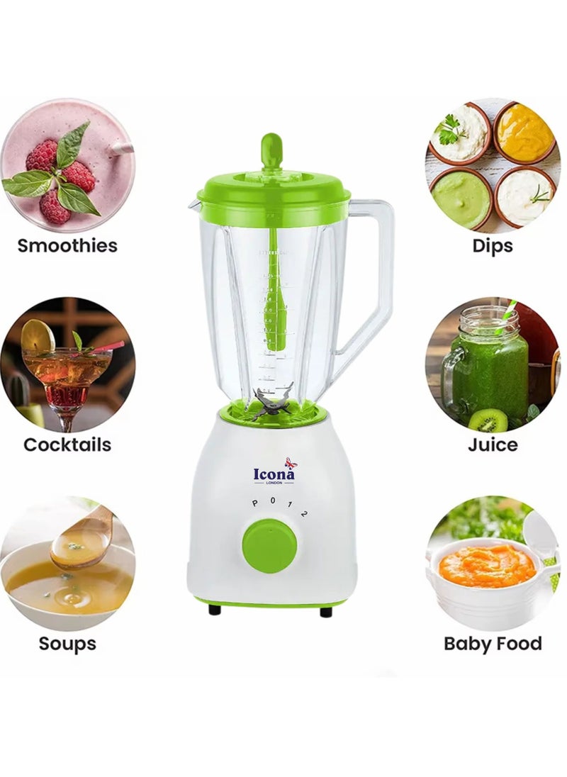 Icona 2-in-1 Unbreakable Blender – 1.5L Glass Jar, Plastic Grinder, 2 Speeds + Pulse, Stainless Steel Blades, Overheat Protection, White/Green