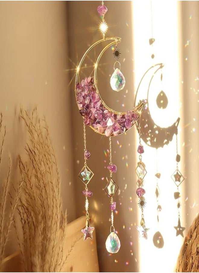 Amethyst Crystals Suncatcher - Hanging Moon Sun Catcher with Glass Prisms for Windows, Healing Amethyst Crystal Decor for Home, Gift for Christmas Birthday Valentine Mothers Day