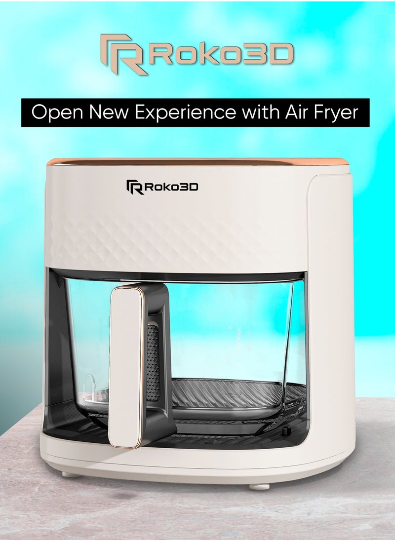 Air Fryer ROKO 3D with Non Toxic Glass Basket 4,2 Litre | Innovative Technology For Easy Cooking without Oil | Deep Fry, Air Fry, Bake, Roast Diet Meals | Diswasher Safe, Timer Settings, Led Control Panel