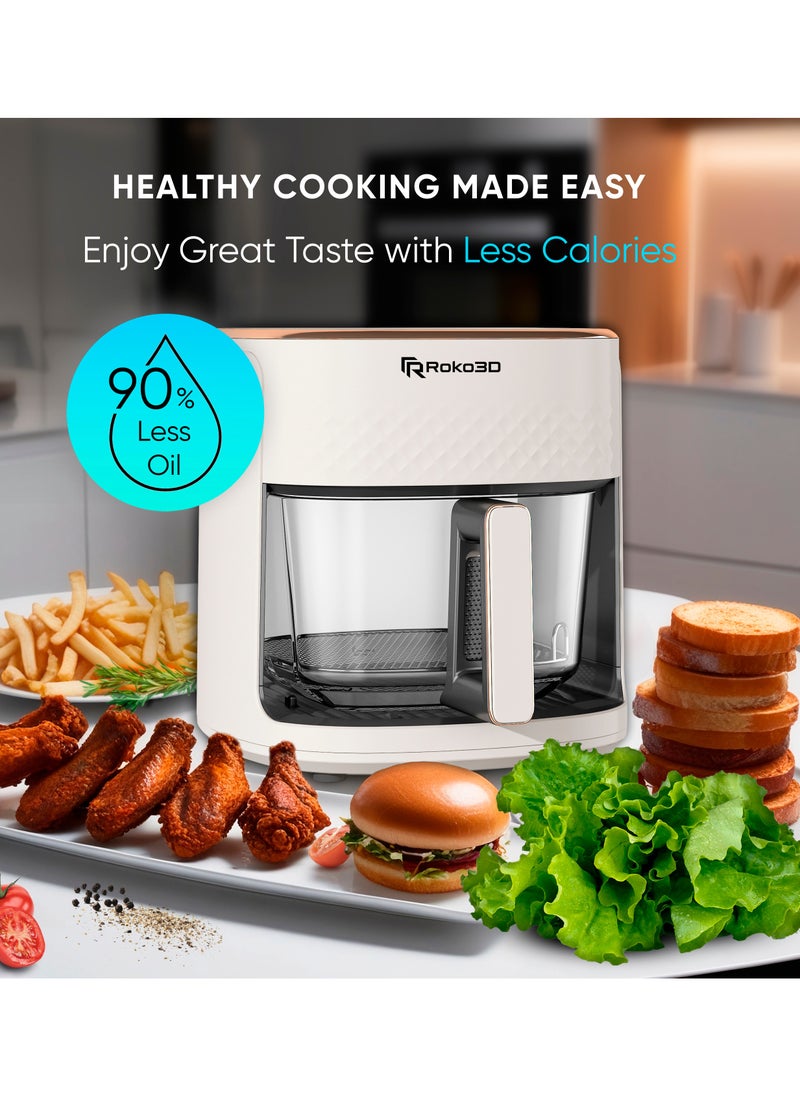 Air Fryer ROKO 3D with Non Toxic Glass Basket 4,2 Litre | Innovative Technology For Easy Cooking without Oil | Deep Fry, Air Fry, Bake, Roast Diet Meals | Diswasher Safe, Timer Settings, Led Control Panel