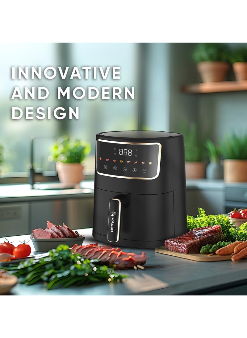 Air Fryer ROKO 3D 8-in-1 Functions | Deep Fry, Air Fry, Roast, Bake| Smart Digital Kitchen Air Fryer for Easy Quick Meals without Oil| Digital Control Presets, Timer Function, Dishwasher-Safe Basket, Recipes Book Included, Black Matte Design