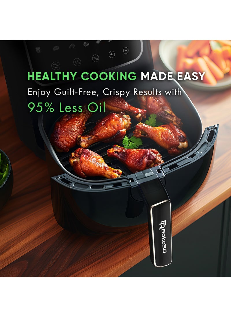 Air Fryer ROKO 3D 8-in-1 Functions | Deep Fry, Air Fry, Roast, Bake| Smart Digital Kitchen Air Fryer for Easy Quick Meals without Oil| Digital Control Presets, Timer Function, Dishwasher-Safe Basket, Recipes Book Included, Black Matte Design