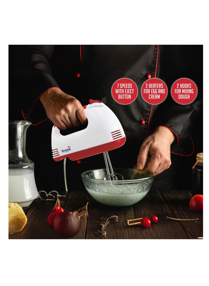 ICONA Hand Mixer Easy Mix-100W with 7 Speed Control, Detachable Beater & Whisk, In-Built Eject Knob, Stainless Steel Finish