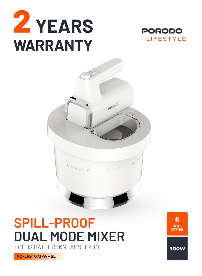 Spill-Proof Dual Mode Mixer with 6 Speed Settings / Makes Meringue / Folds Batter / Kneads Dough / Quick and Simple Cleaning / Handheld and Stand Mixer - White/Silver