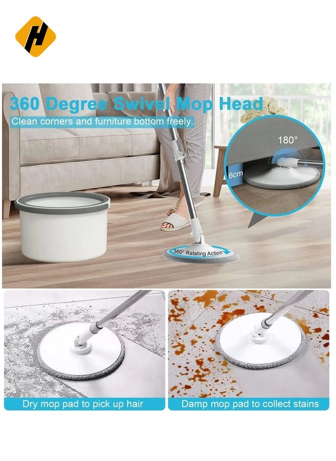 Spin Mop and Bucket Set 360°Flat Mop with with Self Separation Dirty and Clean Water System 2Pcs Microfiber Pad Extended Handle for All Types of Floor Cleaning