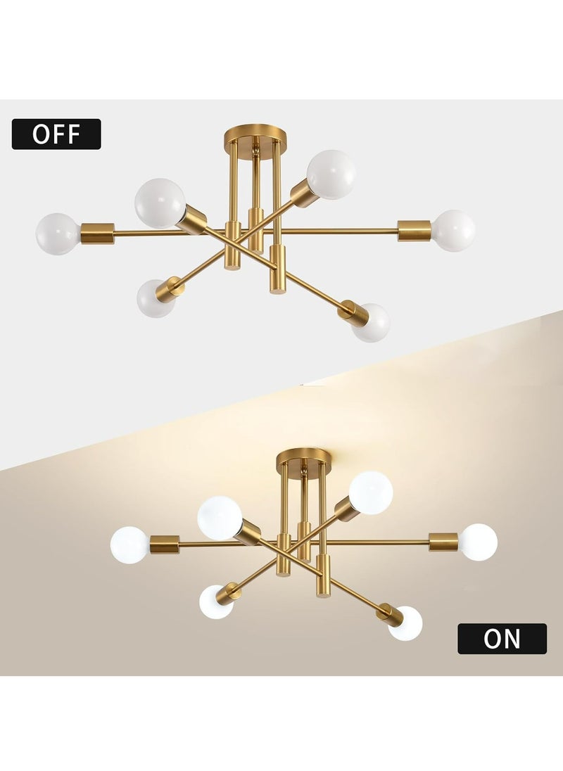 Gold Sputnik Ceiling Light Fixture, 6-Light Modern Chandelier, Industrial Adjustable Semi-Flush Mount Pendant Lighting