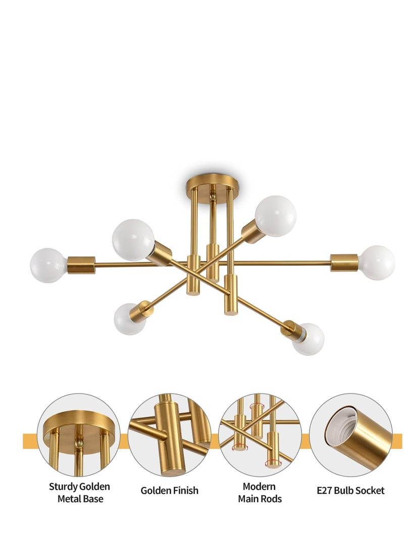 Gold Sputnik Ceiling Light Fixture, 6-Light Modern Chandelier, Industrial Adjustable Semi-Flush Mount Pendant Lighting