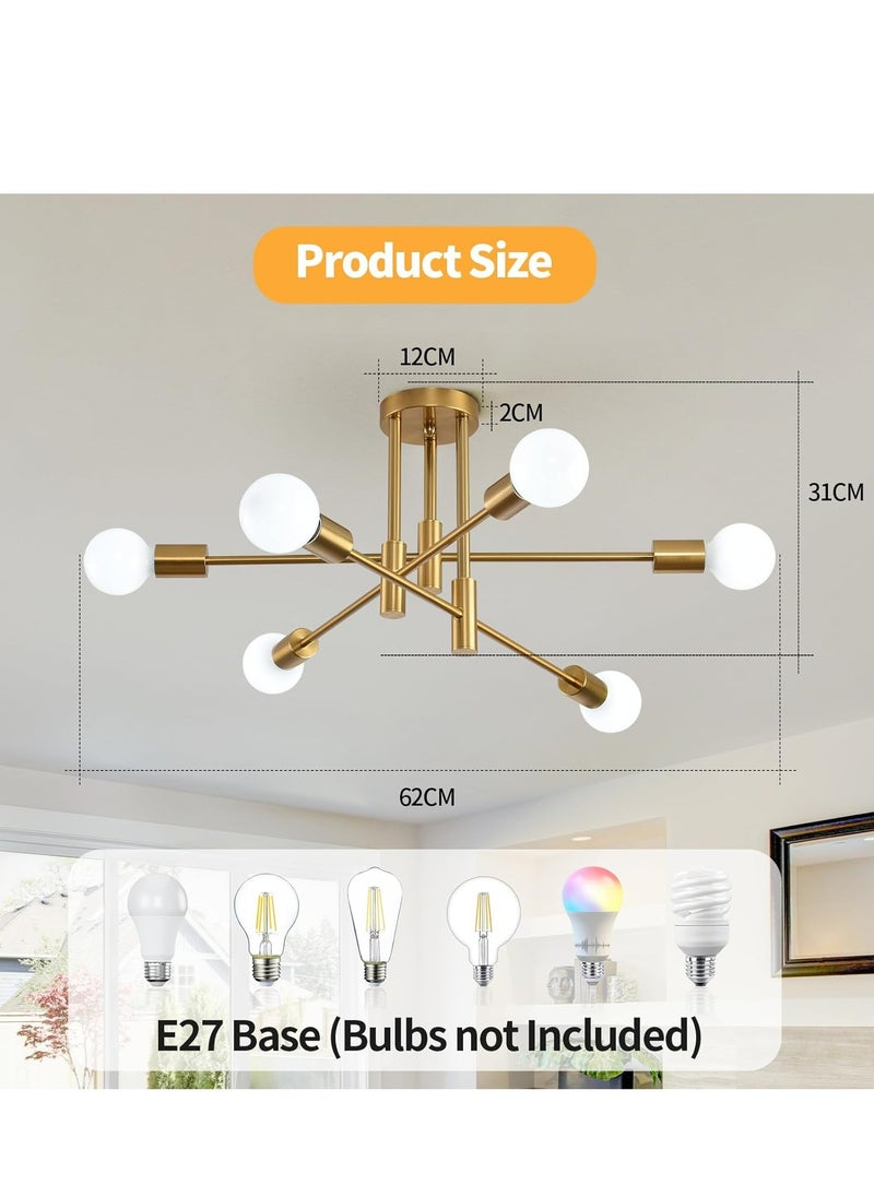 Gold Sputnik Ceiling Light Fixture, 6-Light Modern Chandelier, Industrial Adjustable Semi-Flush Mount Pendant Lighting