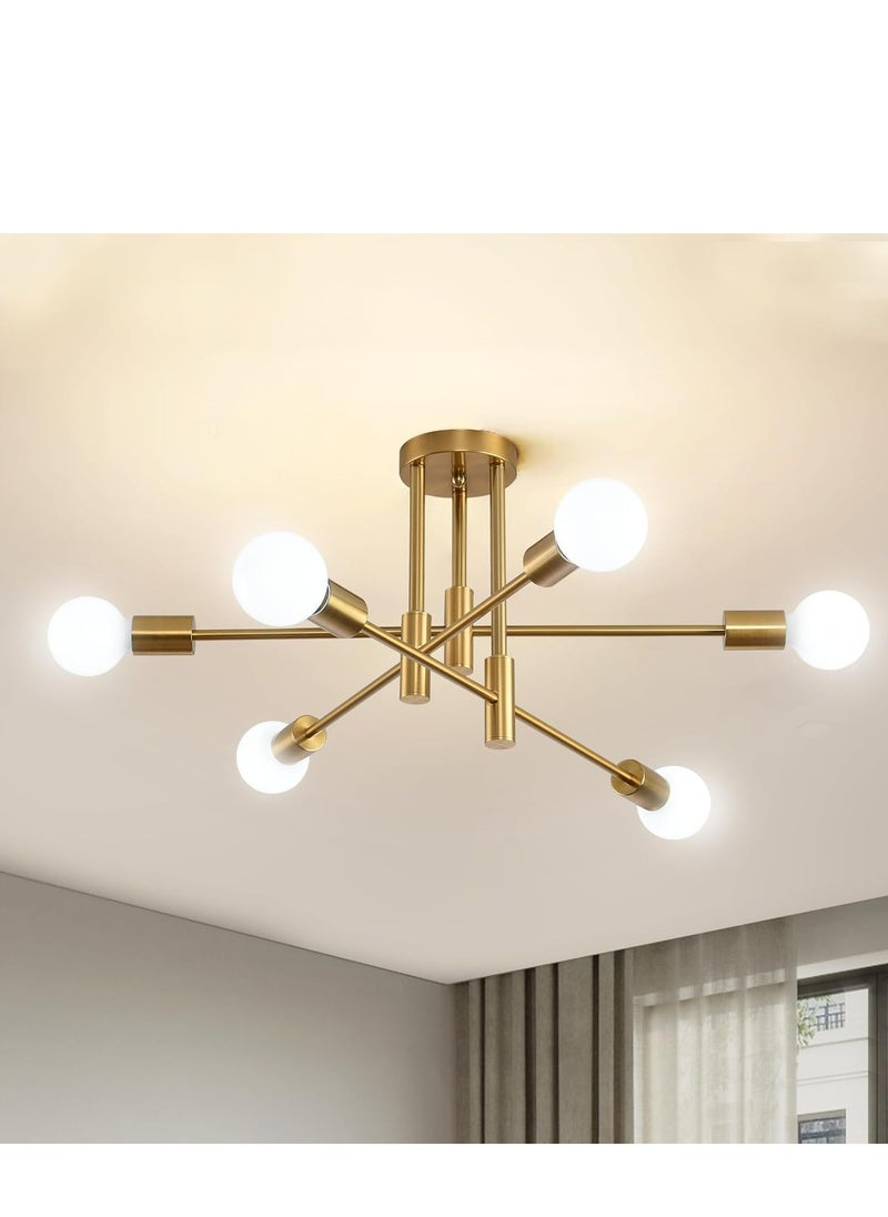 Gold Sputnik Ceiling Light Fixture, 6-Light Modern Chandelier, Industrial Adjustable Semi-Flush Mount Pendant Lighting