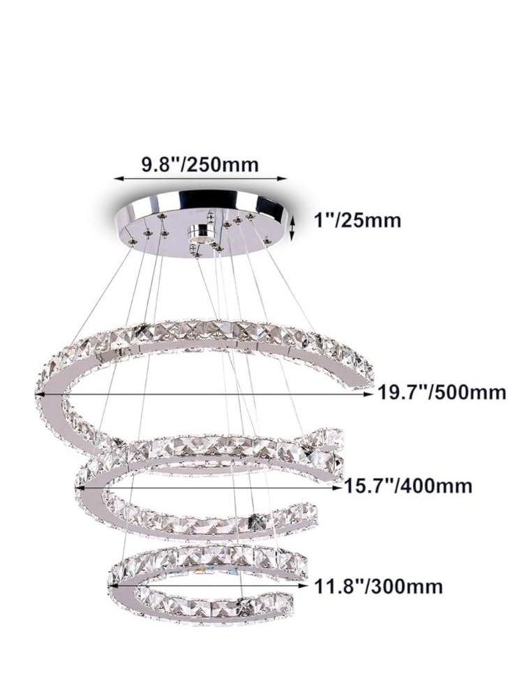 Modern Crystal Chandeliers 3 Ring LED Pendant Light C-Shaped Crystal Ceiling Lamp DIY Stainless Steel LED Chandeliers for Living Room Bedroom (Cold White)