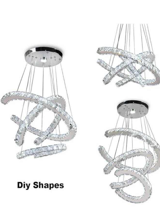 Modern Crystal Chandeliers 3 Ring LED Pendant Light C-Shaped Crystal Ceiling Lamp DIY Stainless Steel LED Chandeliers for Living Room Bedroom (Cold White)