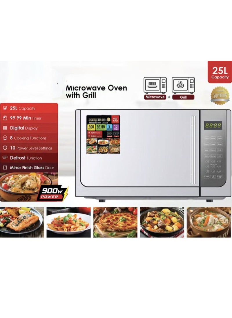 Microwave Oven with Grill 25L | Digital Display, Mirror Finish Glass Door | 10 Power Levels, 8 Cooking Functions | 900W Countertop Microwave for Reheating, Grilling & Baking