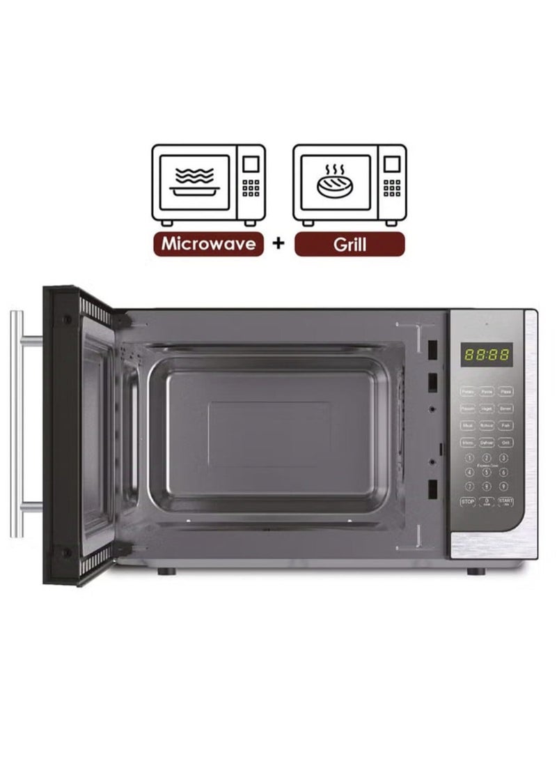 Microwave Oven with Grill 25L | Digital Display, Mirror Finish Glass Door | 10 Power Levels, 8 Cooking Functions | 900W Countertop Microwave for Reheating, Grilling & Baking