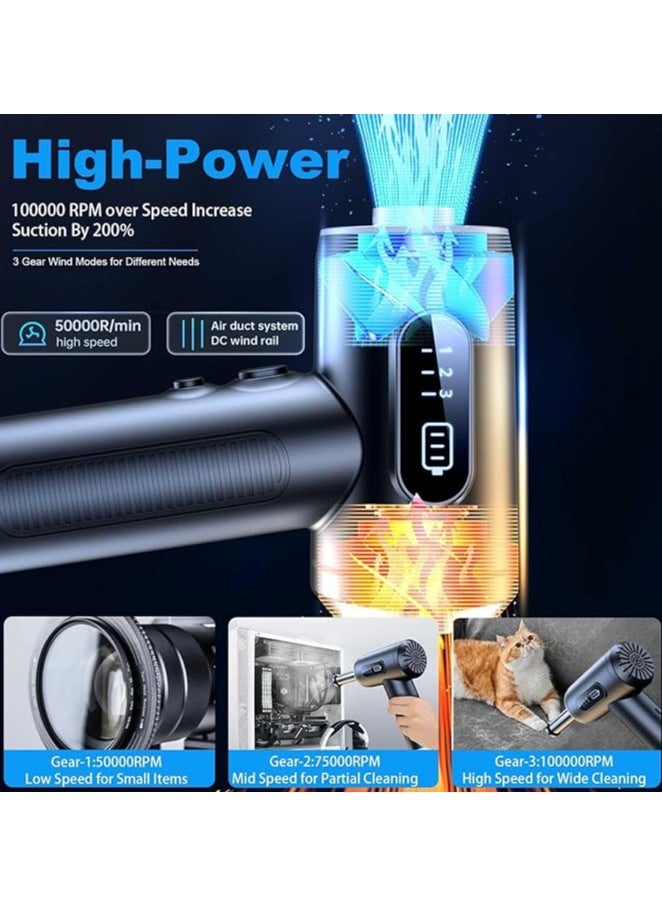 Compressed Air Duster, 3-Gear to 100000RPM Electric Air Duster, Portable Cordless Air Blower with LED Light, for Cleaning Keyboard & PC, Air Cleaning Kit, no Canned air dusters-Rechargeable