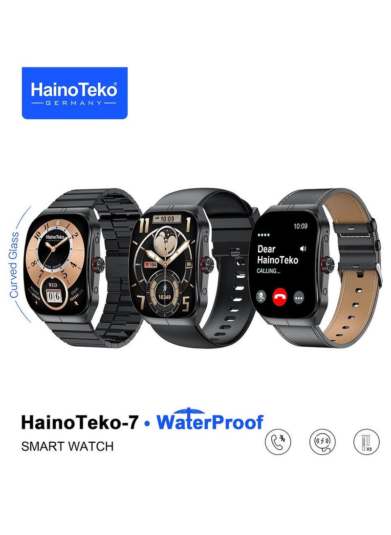 HainoTeko-7 Curved AMOLED Display Waterproof Smartwatch with Voice Assistants 3 Straps and Charging Cable Designed For Ladies and Gents Black