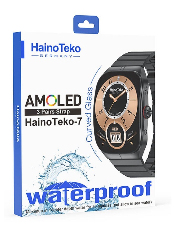 HainoTeko-7 Curved AMOLED Display Waterproof Smartwatch with Voice Assistants 3 Straps and Charging Cable Designed For Ladies and Gents Black