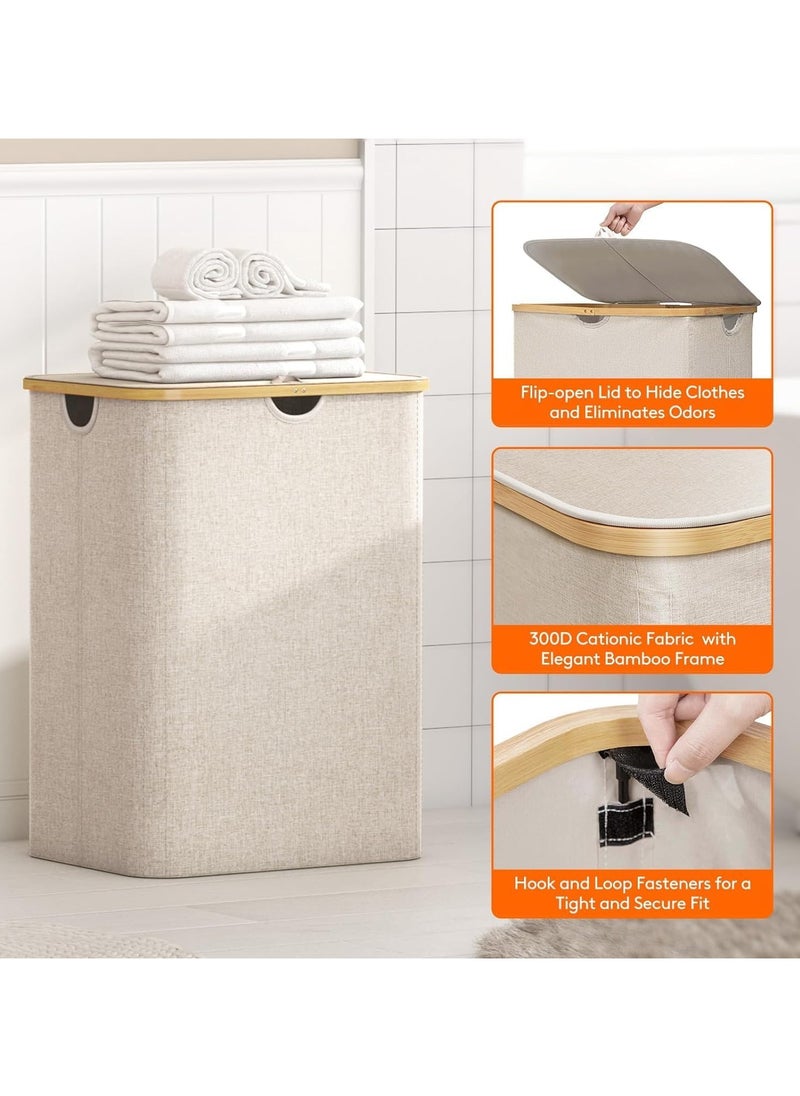 Laundry Basket with Lid, 3 Section Extra Large Laundry Hamper, Divided Laundry Hamper with Removable Bags, Foldable Laundry Hamper for Bathroom, Bedroom(Beige, 140L, 3 Section)