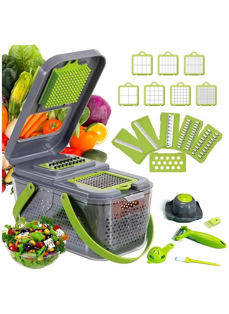 Vegetable Chopper & Slicer with Container – Green & Grey, Multi-Functional Kitchen Cutter, Easy-to-Use Food Processor for Slicing, Dicing, and Chopping Vegetables & Fruits – Ideal Kitchen Gadget for Meal Prep