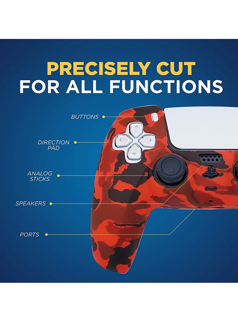 PS5 Controller Silicone Cover | Studded Printing Silicone Cover Skin Case for PS5 Dualsense Controller x 2Camouflage Red+Blue with Pro Thumb Grips x 10