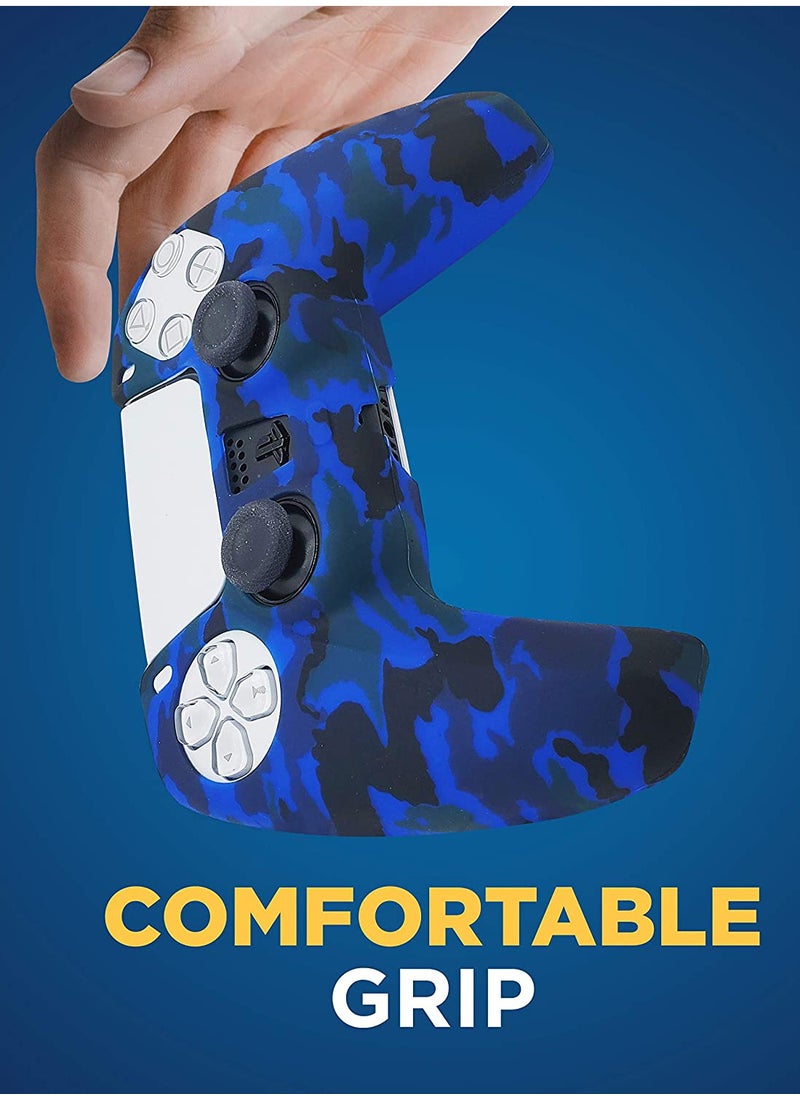 PS5 Controller Silicone Cover | Studded Printing Silicone Cover Skin Case for PS5 Dualsense Controller x 2Camouflage Red+Blue with Pro Thumb Grips x 10