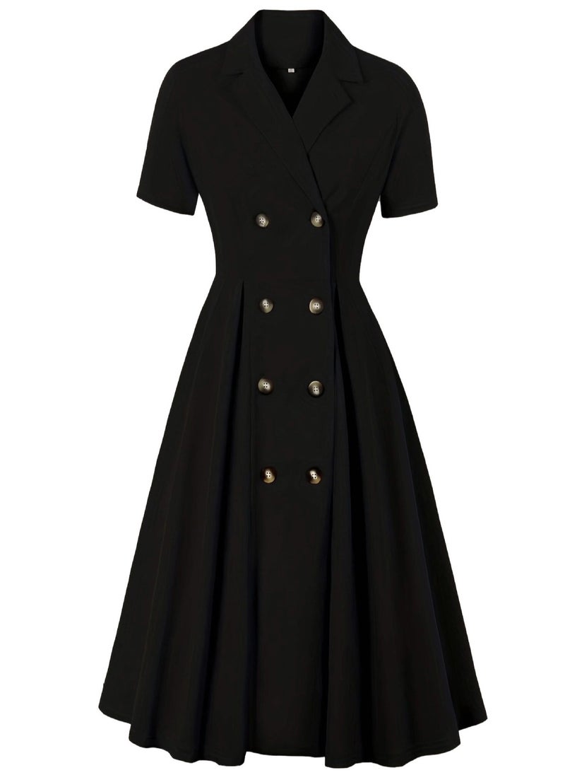 Elegant Button Detail Dress Black Work Casual Dress Cocktail Swing Dress