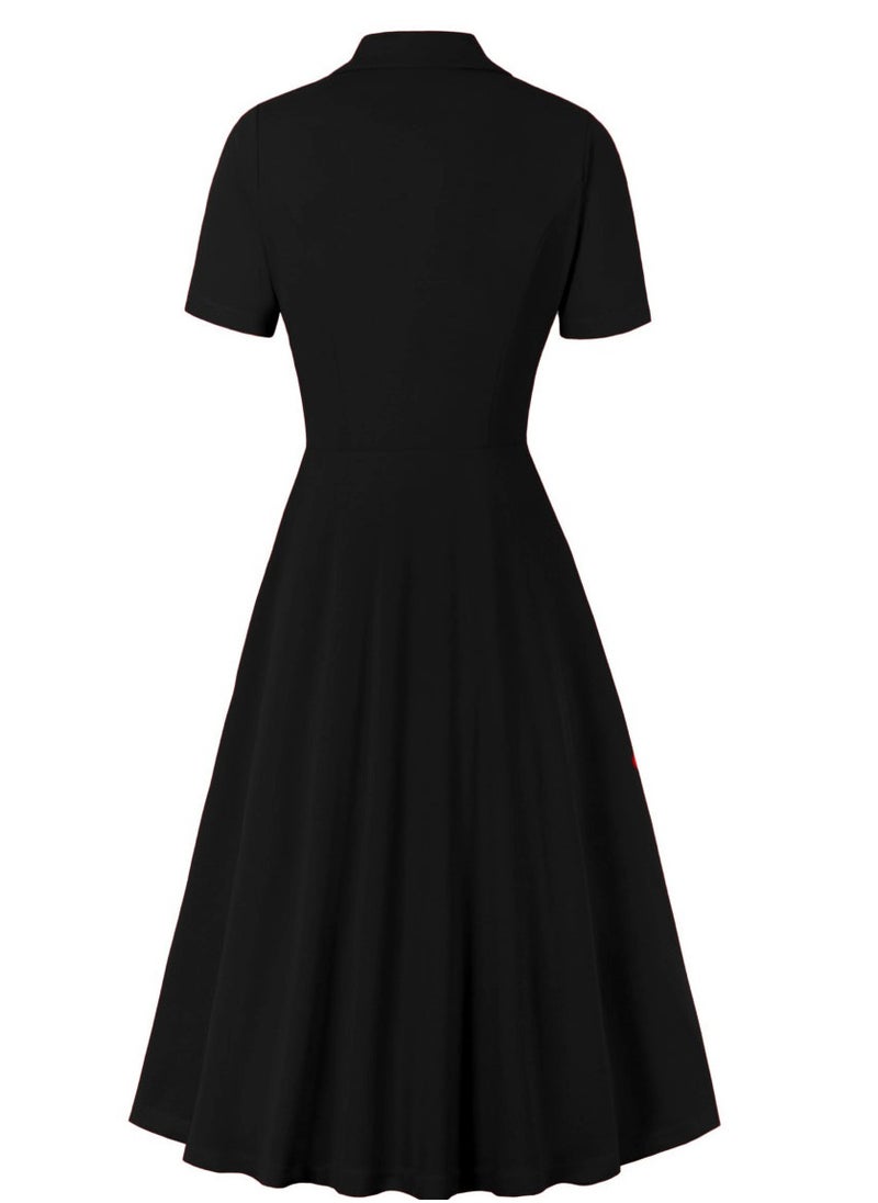 Elegant Button Detail Dress Black Work Casual Dress Cocktail Swing Dress