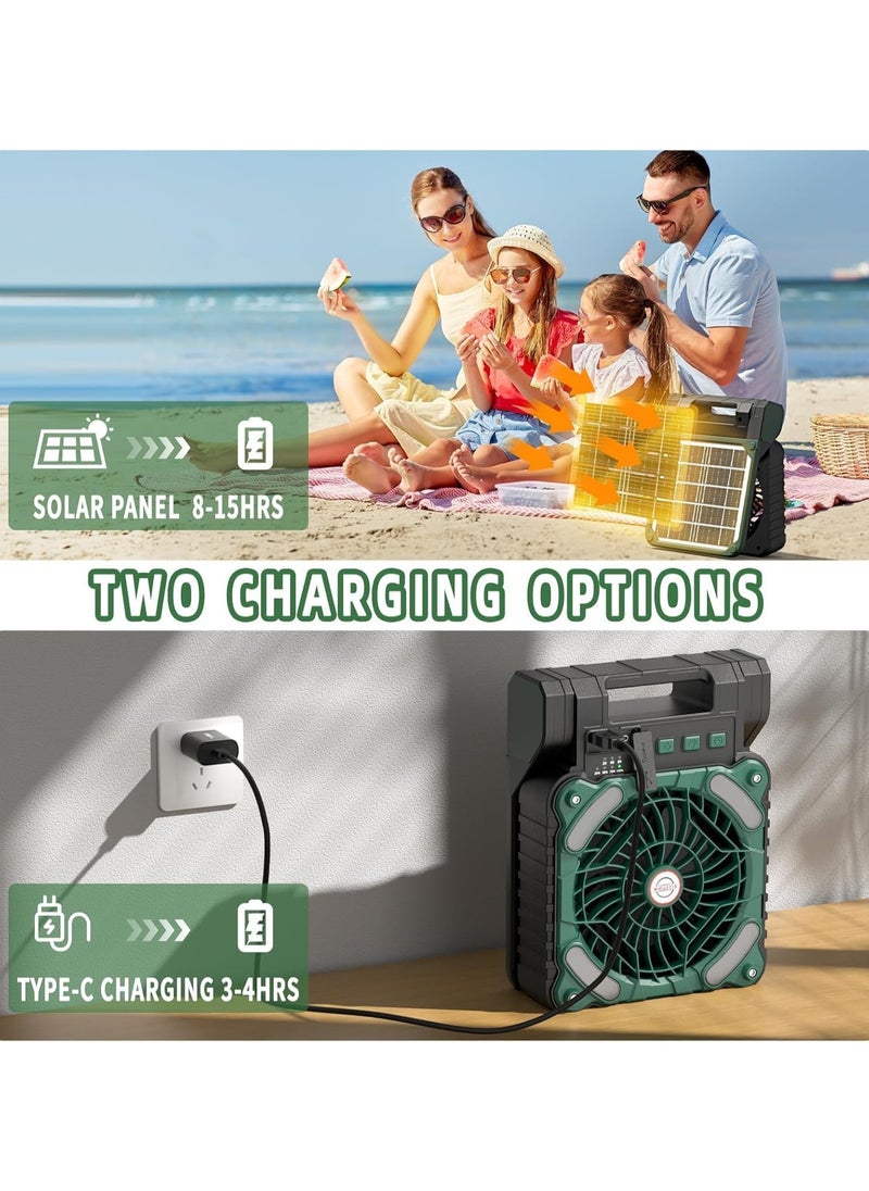 Solar Powered Fan,10400mAh rechargeable Solar Power Cordless Battery Fan with LED Lantern | 4 Wind Speeds Adjustable | 3 Timers Modes | Quiet , Portable Camping Fan for Travel, Tent, Fishing ,Picnic