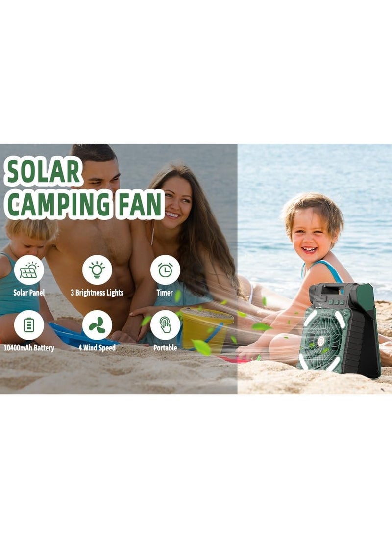 Solar Powered Fan,10400mAh rechargeable Solar Power Cordless Battery Fan with LED Lantern | 4 Wind Speeds Adjustable | 3 Timers Modes | Quiet , Portable Camping Fan for Travel, Tent, Fishing ,Picnic