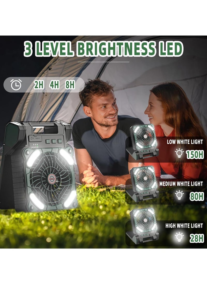 Solar Powered Fan,10400mAh rechargeable Solar Power Cordless Battery Fan with LED Lantern | 4 Wind Speeds Adjustable | 3 Timers Modes | Quiet , Portable Camping Fan for Travel, Tent, Fishing ,Picnic